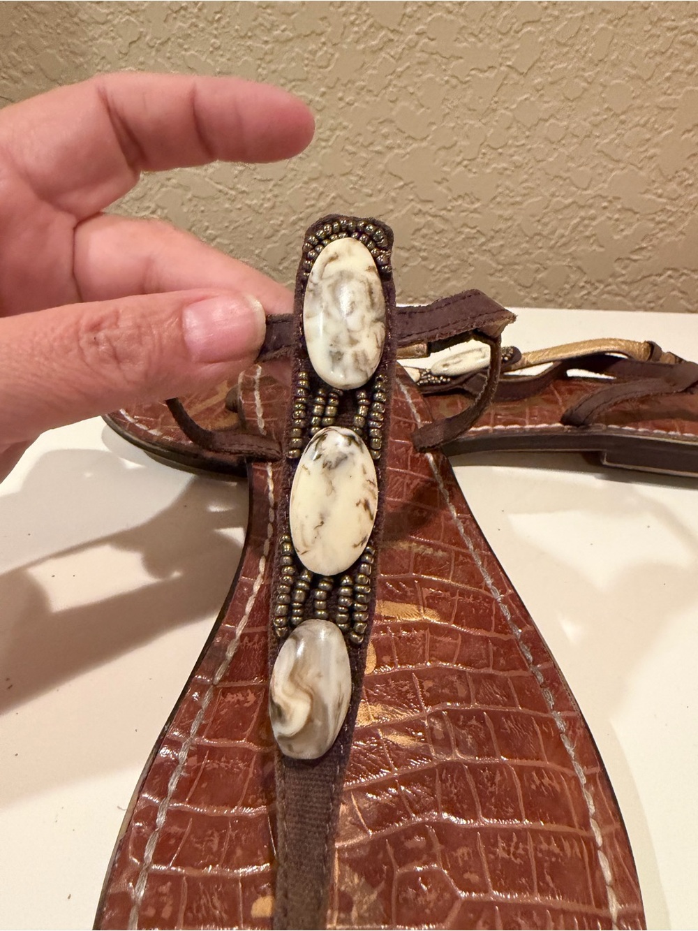 Sam Edelman Brown T-Strap Sandal with Cream Marbled Bead Accents - Picture 2 of 7